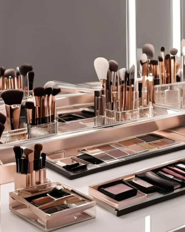 Tocador de maquillaje con espejo iluminado, brochas en vasos y paletas de sombras.
