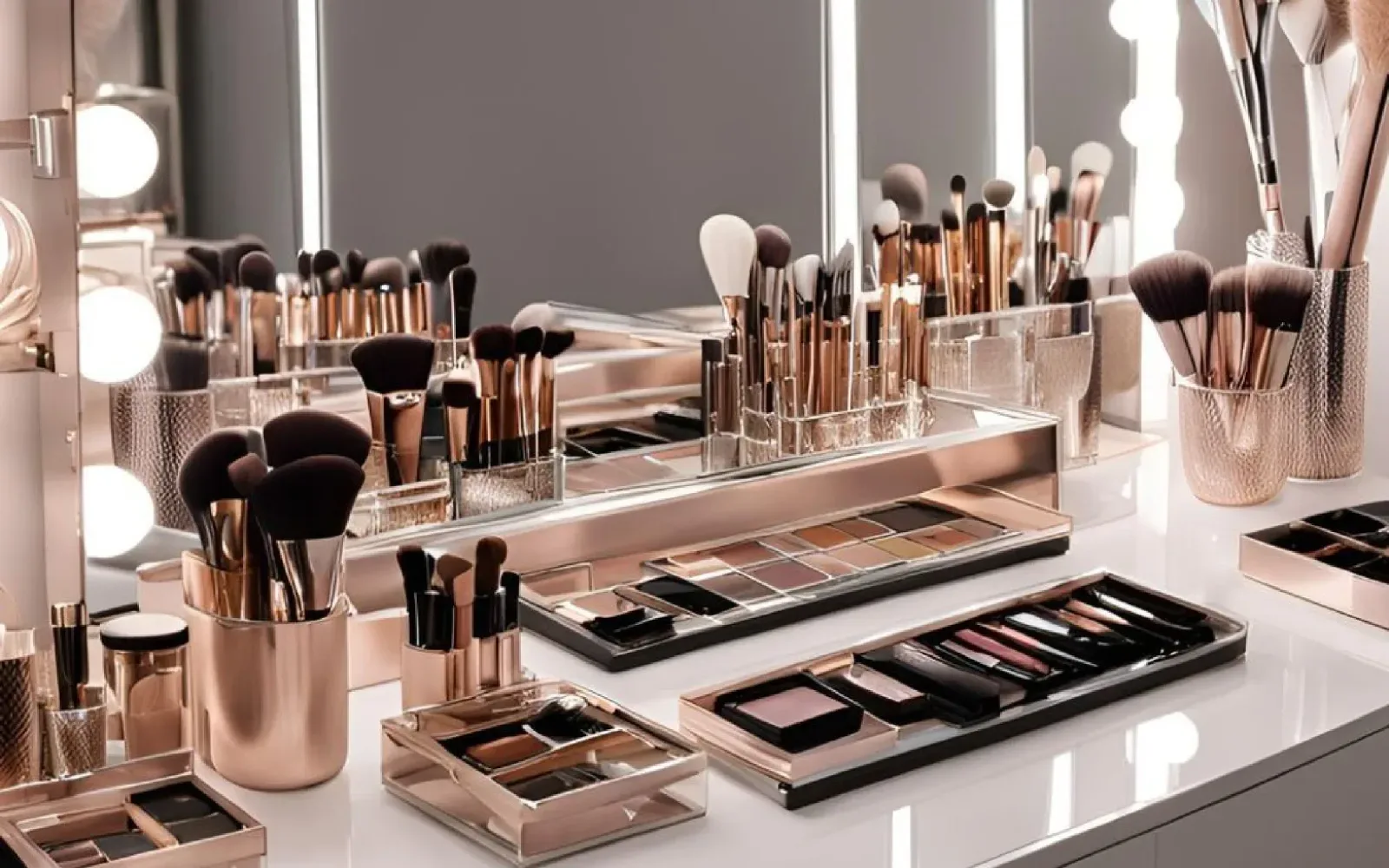 Tocador de maquillaje con espejo iluminado, brochas en vasos y paletas de sombras.