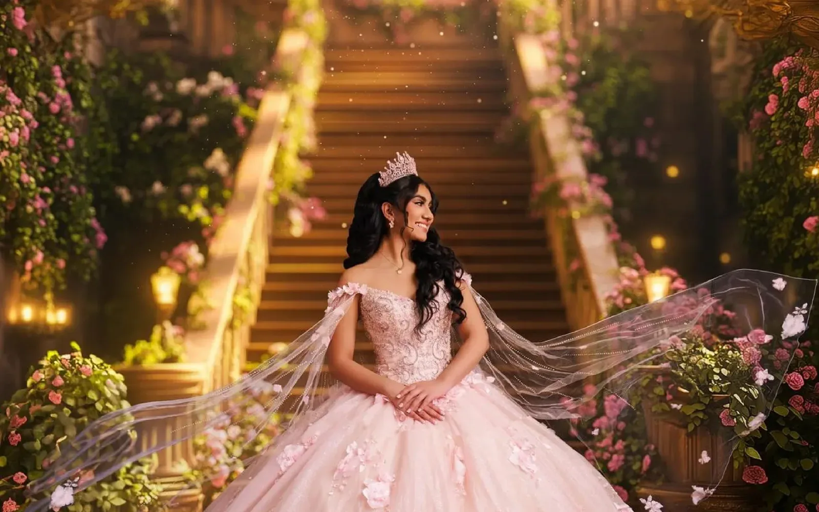 Quinceañera con corona y vestido rosado sentada en una escalera decorada con flores y luces cálidas.