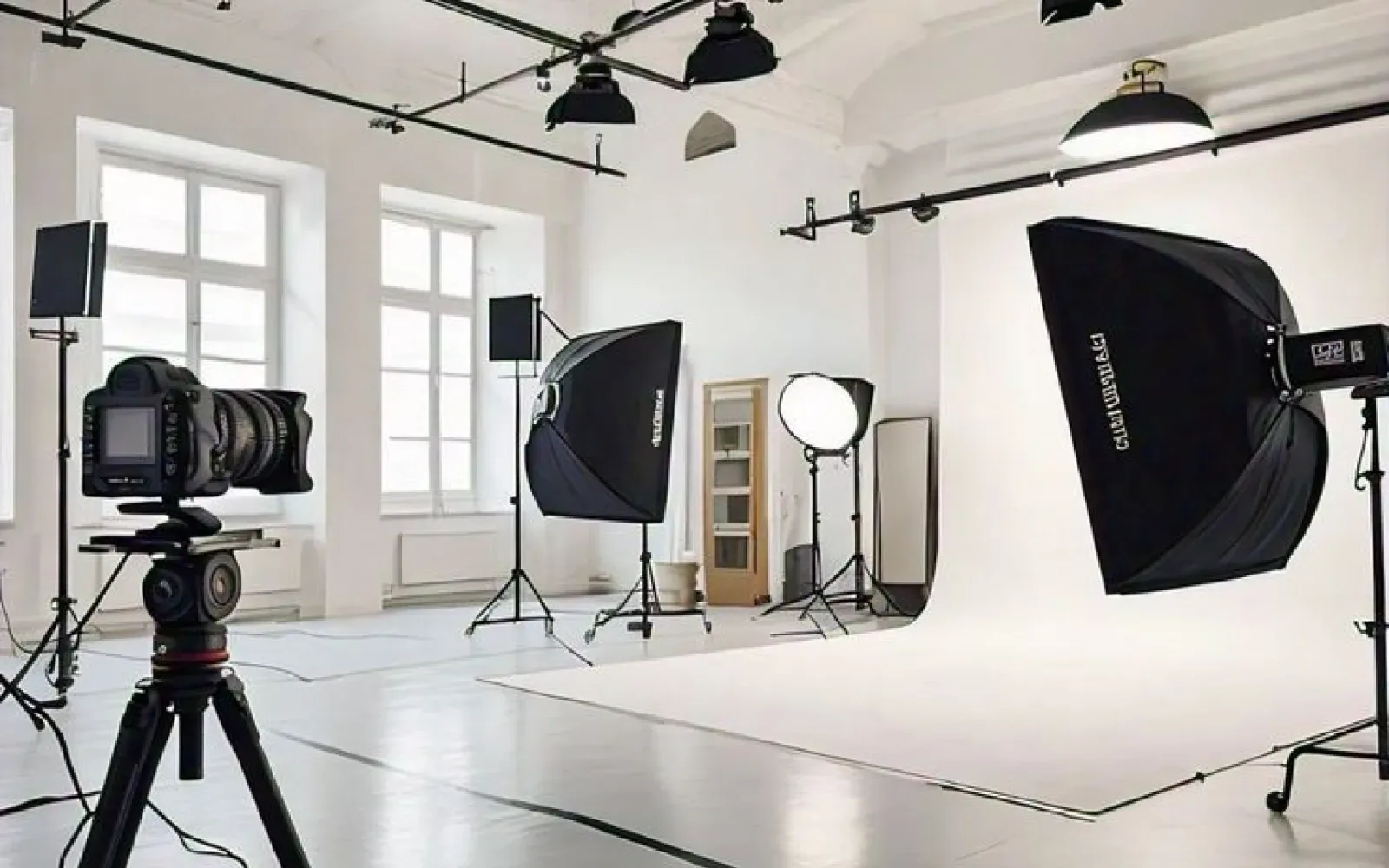 Estudio fotográfico blanco con una cámara en trípode, softboxes y luces de estudio.